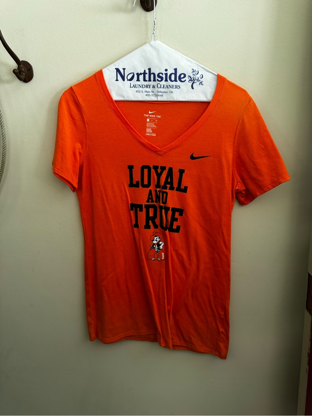 Nike Orange V-Neck Tee with Black 'LOYAL AND TRUE' Graphic